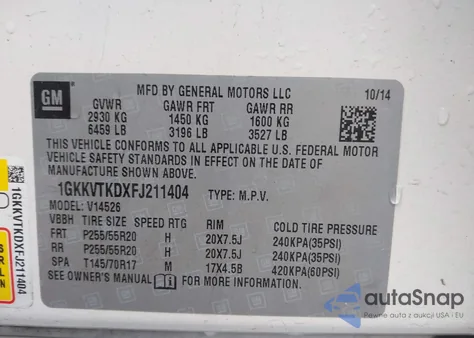 2015 GMC Acadia Denali из США, поврежденный, VIN 1GKKVTKDXFJ211404